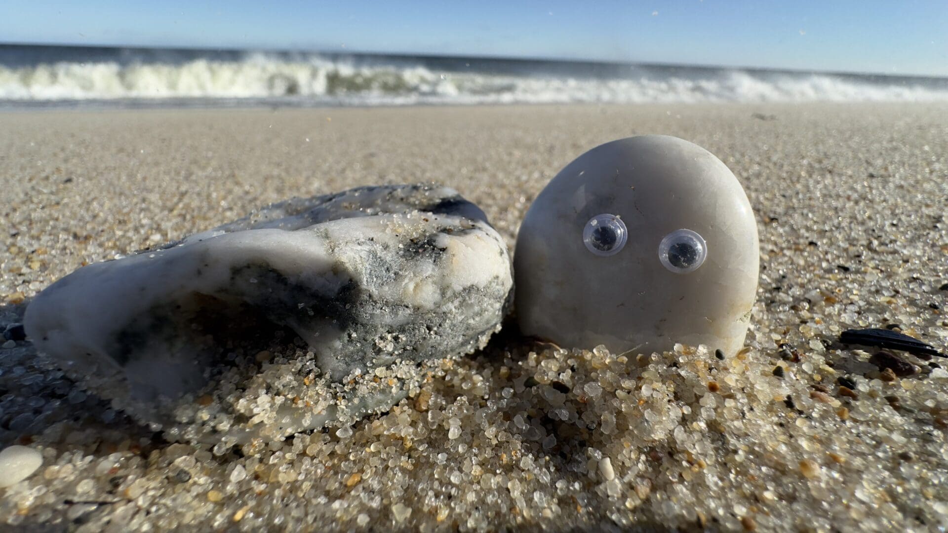 A close up of a pet rock face on the ocean in the distance