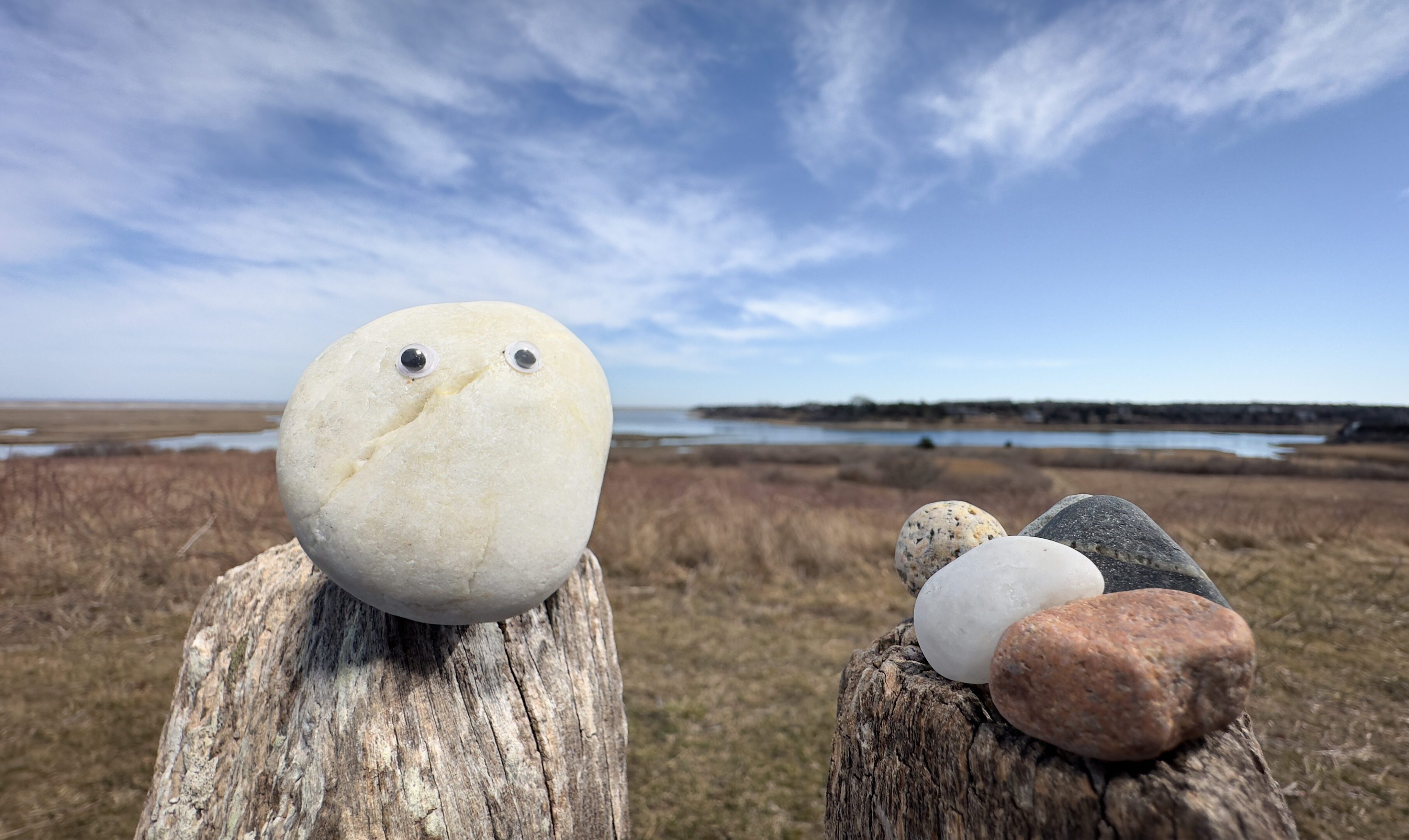 A pet rock with on fence post with smaller rocks to the side